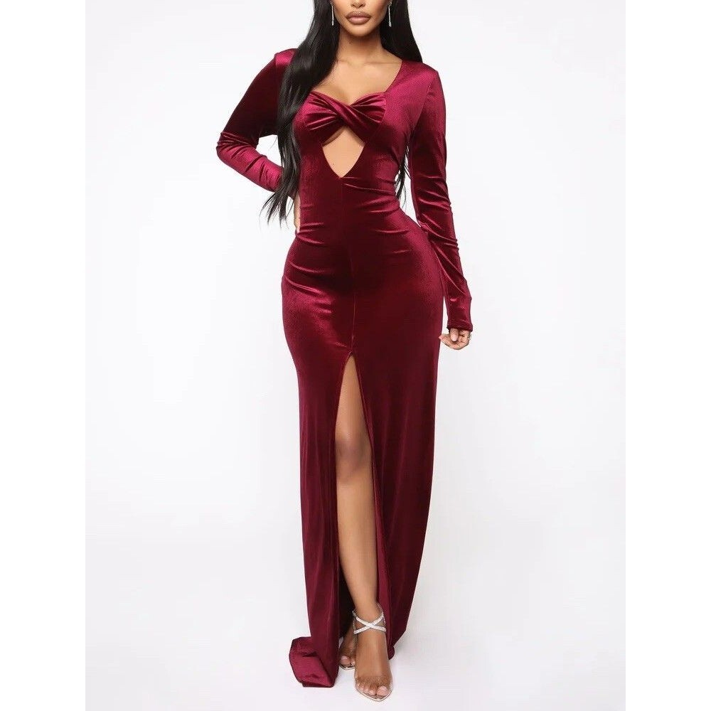 Fashion Nova Front Slit Velvet Gown Dress Burgundy S/M Cocktail‎ Vamp Whimsigoth